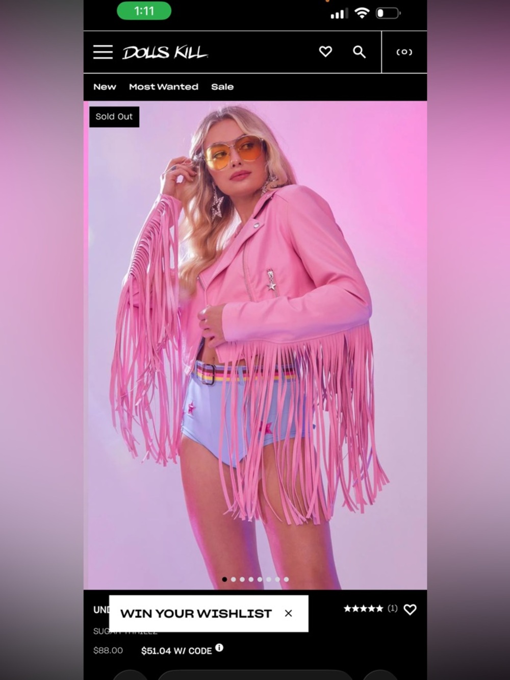 Dolls Kill Pink Cropped Fringe Faux Leather Moto Jacket - Picture 8 of 9